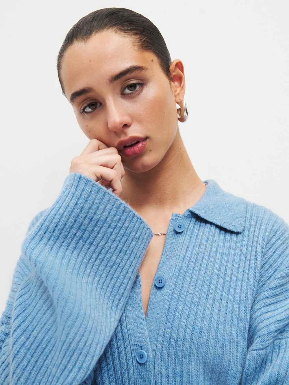 NWOT Reformation Sky Blue Ribbed Button-Down Cardigan - Picture 2 of 5